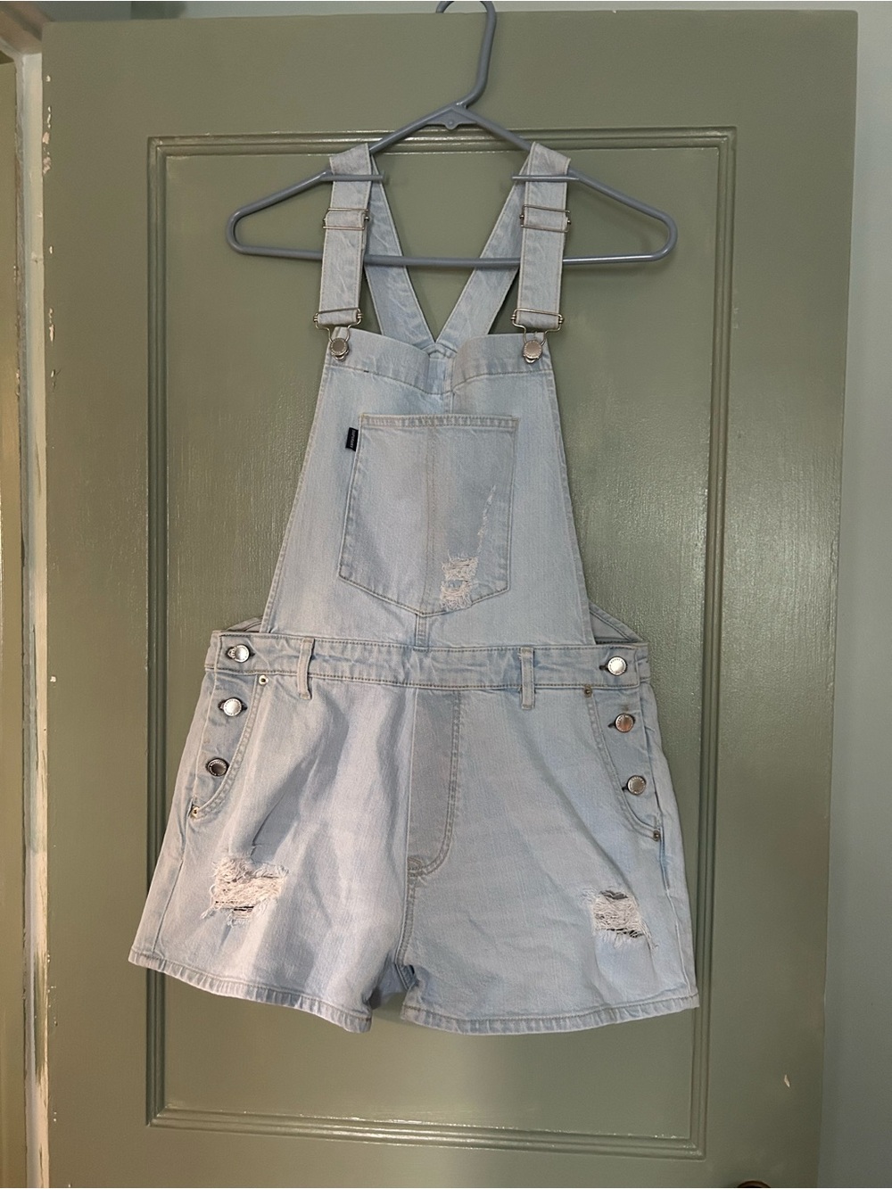 Superdry Light Blue Distressed Denim Short Overalls